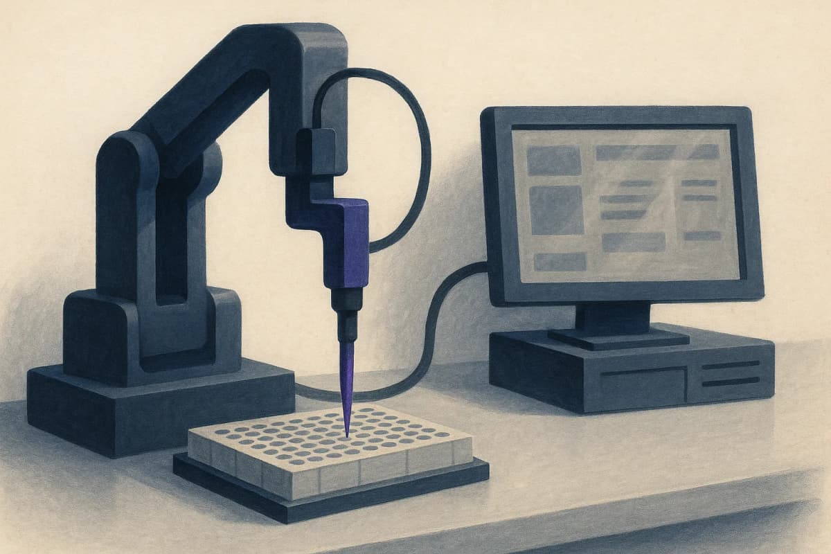 A benchtop pipetting robot arm poised over a 96-well microplate on a laboratory bench, with a single cable running from the instrument to a desktop computer beside it.