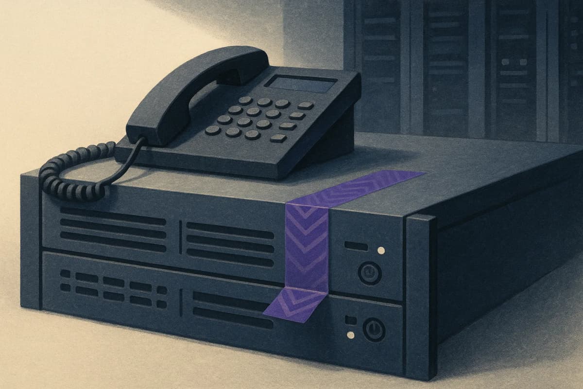 A rack-mounted server in a dim data centre with a sealed tamper-evident security sticker across its chassis, and a single unplugged support-desk phone resting on top of it.