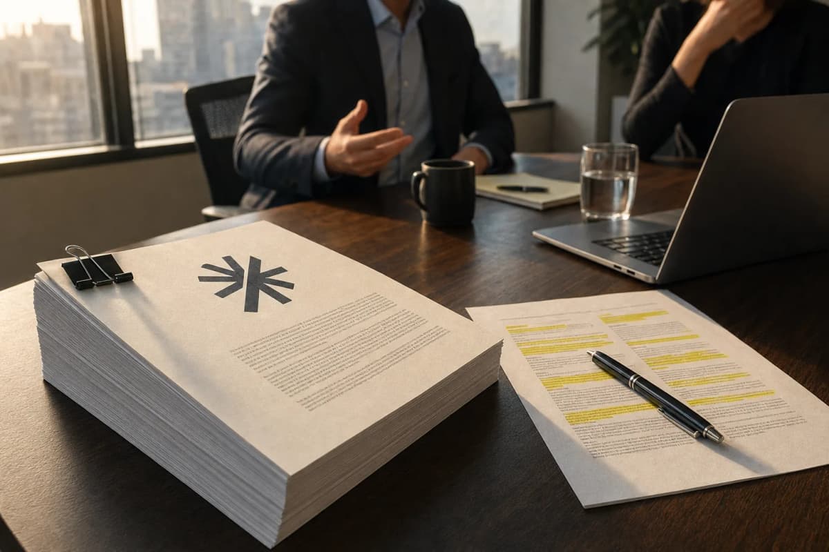 A thick printed SEC prospectus held with a black binder clip lies open on a conference table beside a highlighted vendor contract, a pen and a laptop, in a procurement meeting room lit by late afternoon window light.