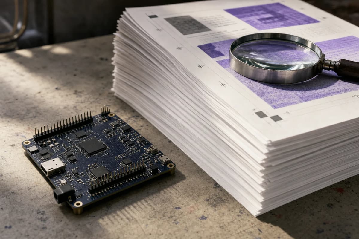A bare RISC-V development board on a workbench next to a tall stack of printed proof pages, with a magnifying glass resting on the top sheet.