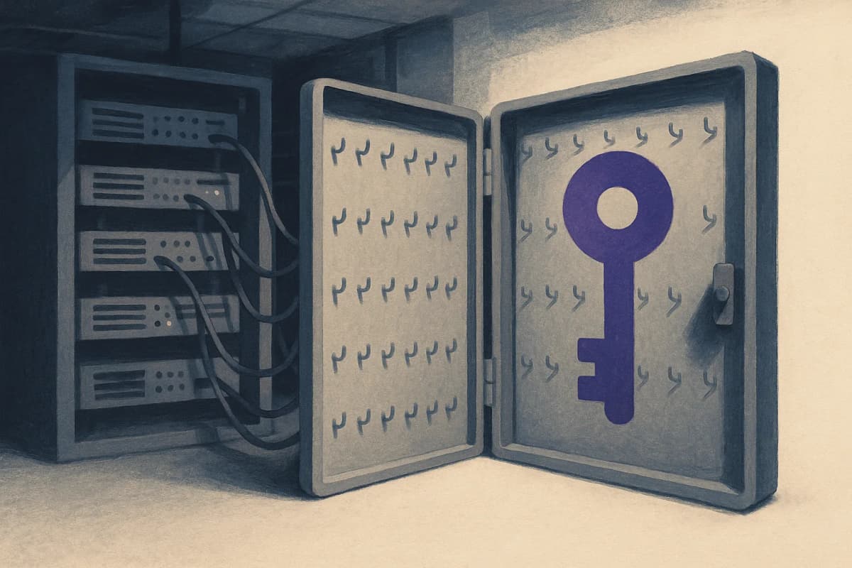 An open steel key cabinet in a dim server room with every hook empty, standing beside a test-bench rack of servers whose cables run straight into the cabinet.