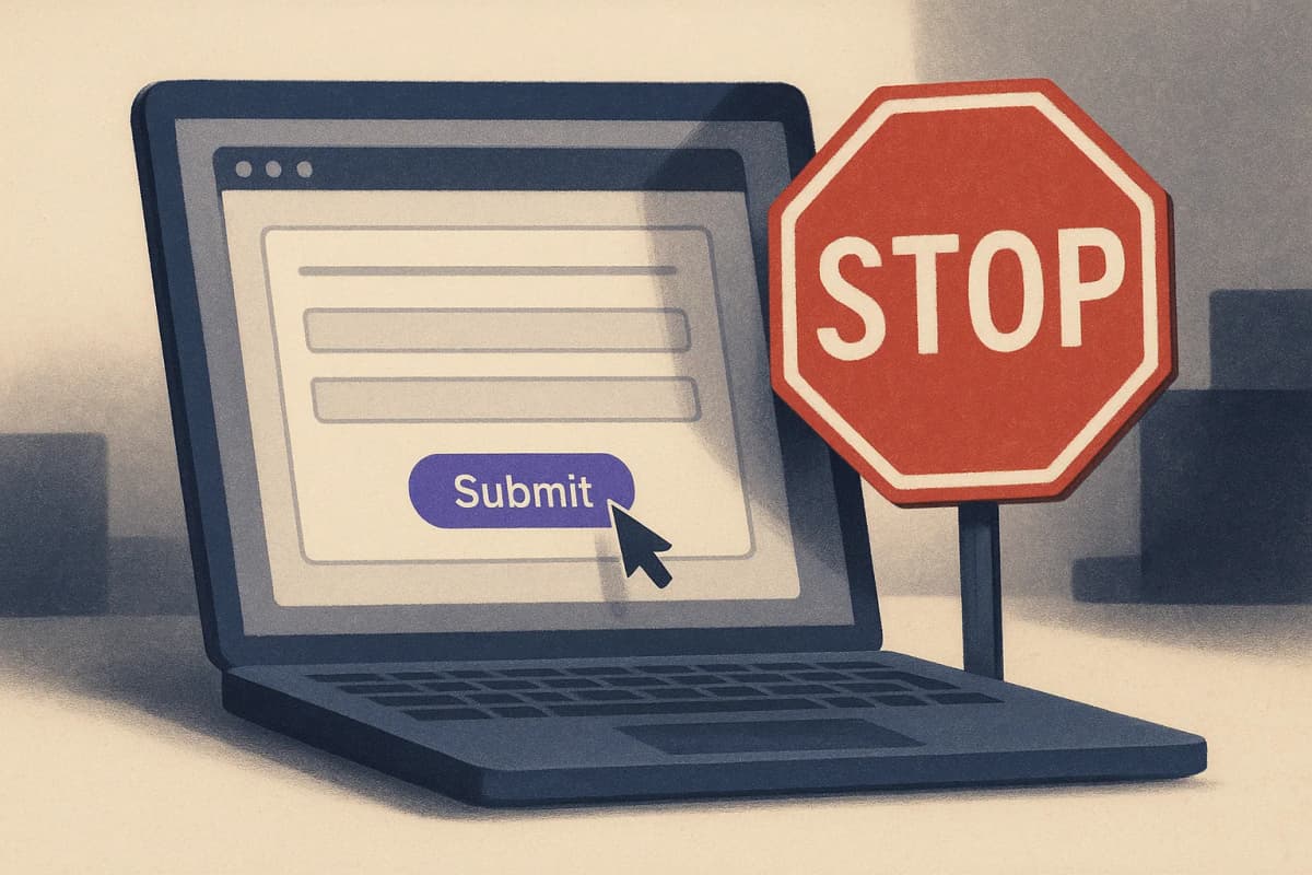 A laptop on a desk showing a web browser with a filled-in online form, the cursor hovering over the submit button, a red physical stop sign propped against the screen.
