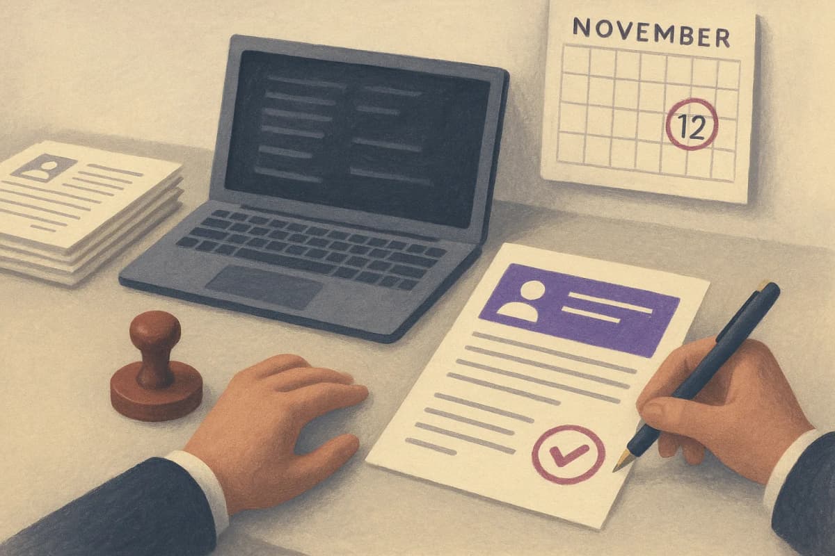 A recruiter's desk with a stack of printed job applications, one resume held under a reviewer's pen with a red approval stamp beside it, a laptop open next to them and a wall calendar with November 12 circled.