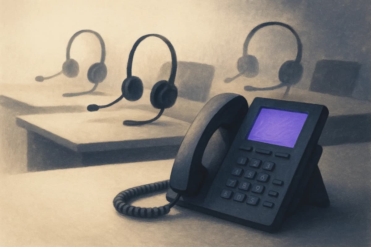A row of empty home-office desks with headsets resting on them beside a single desk phone whose screen glows as if an automated system is answering a call.