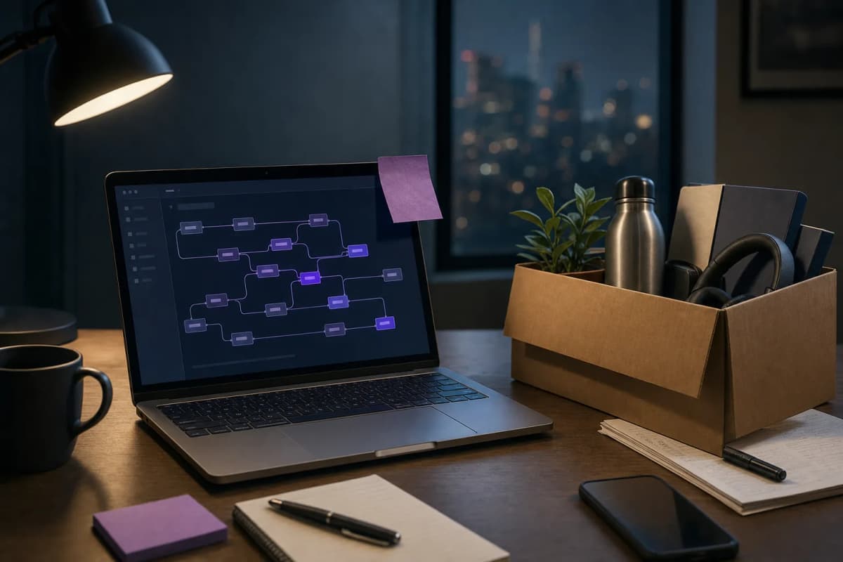 A data engineer's desk at night with a laptop showing a pipeline dependency graph, a sticky note on the monitor, and a half-packed cardboard box of office items beside it.
