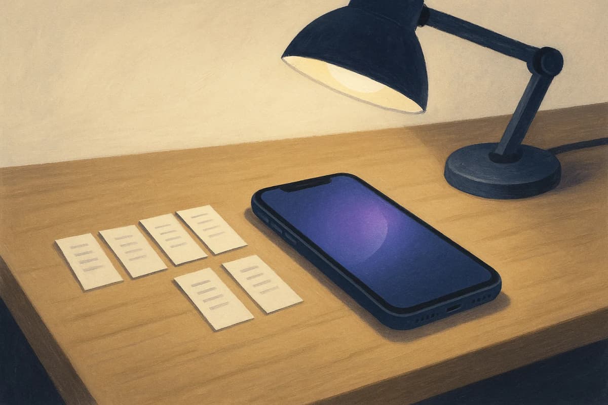 A single iPhone lying face-up on a plain wooden workbench under a bright desk lamp, with five identical small printed paper slips fanned out in a row beside it.