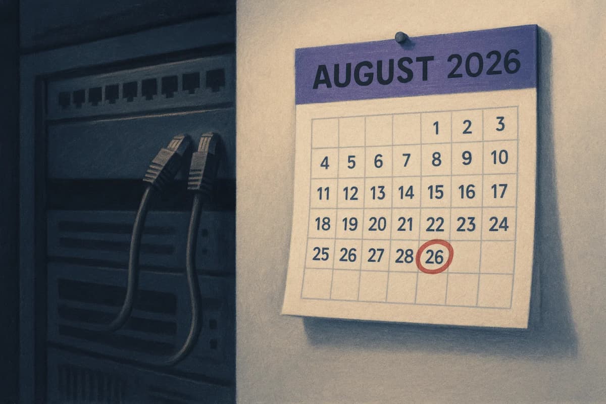 A wall calendar in a server room turned to August 2026 with the 26th circled in red marker, and two unplugged ethernet cables hanging loose from a patch panel beside it.