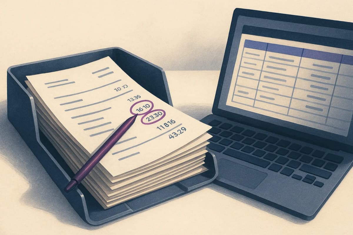A stack of paper vendor invoices in a finance office tray, the top invoice with several line-item numbers circled in red pen, next to a laptop showing a purchase-order table, no readable text or logos.