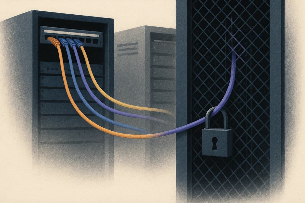 A server rack in a data centre with three bundles of colour-coded network cables leaving one patch panel toward three separate cabinets, while a single sealed cable stays inside a locked cage marked only by a padlock.