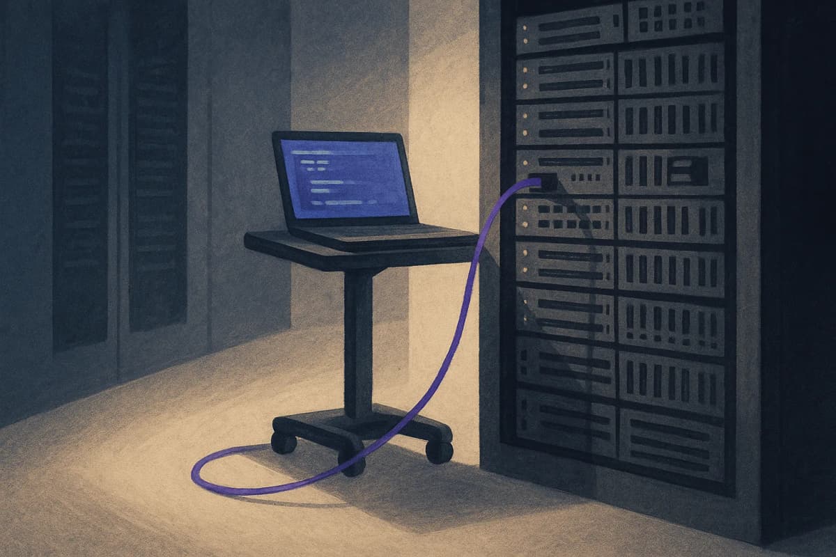 A dim server room aisle with a rack of blade servers, and beside it a single developer laptop open on a wheeled cart, its screen glowing on a terminal window — the laptop tethered to the rack by one bright ethernet cable