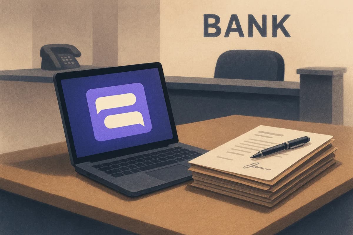 A bank branch customer-service desk at closing time, a laptop showing a chat window beside a stack of signed contract folders with a pen resting on top.