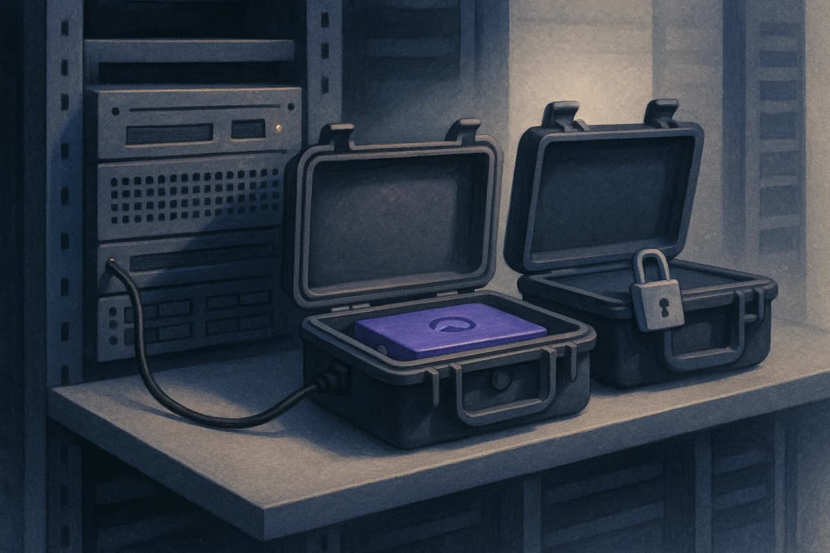 A single rack-mounted server in a data centre aisle with two separate hard-shell equipment cases sitting open on the same shelf beside it, sharing one power cable, one case unlatched and one padlocked shut. No text or lo