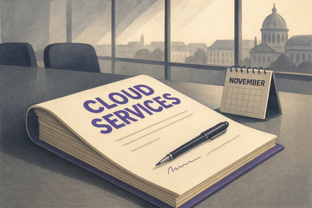A thick printed cloud services contract lying open on a conference table in a glass-walled Brussels office, a pen resting on the signature page next to a desk calendar turned to November.