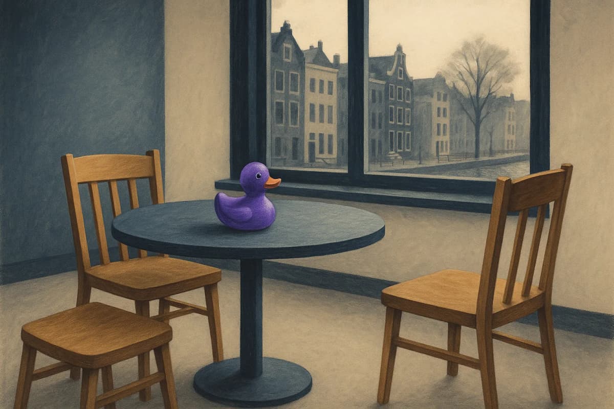 Three plain wooden chairs around a small round meeting table in a canal-side Amsterdam office, two chairs pushed close together on one side and the third standing alone opposite them, with a single rubber duck sitting in