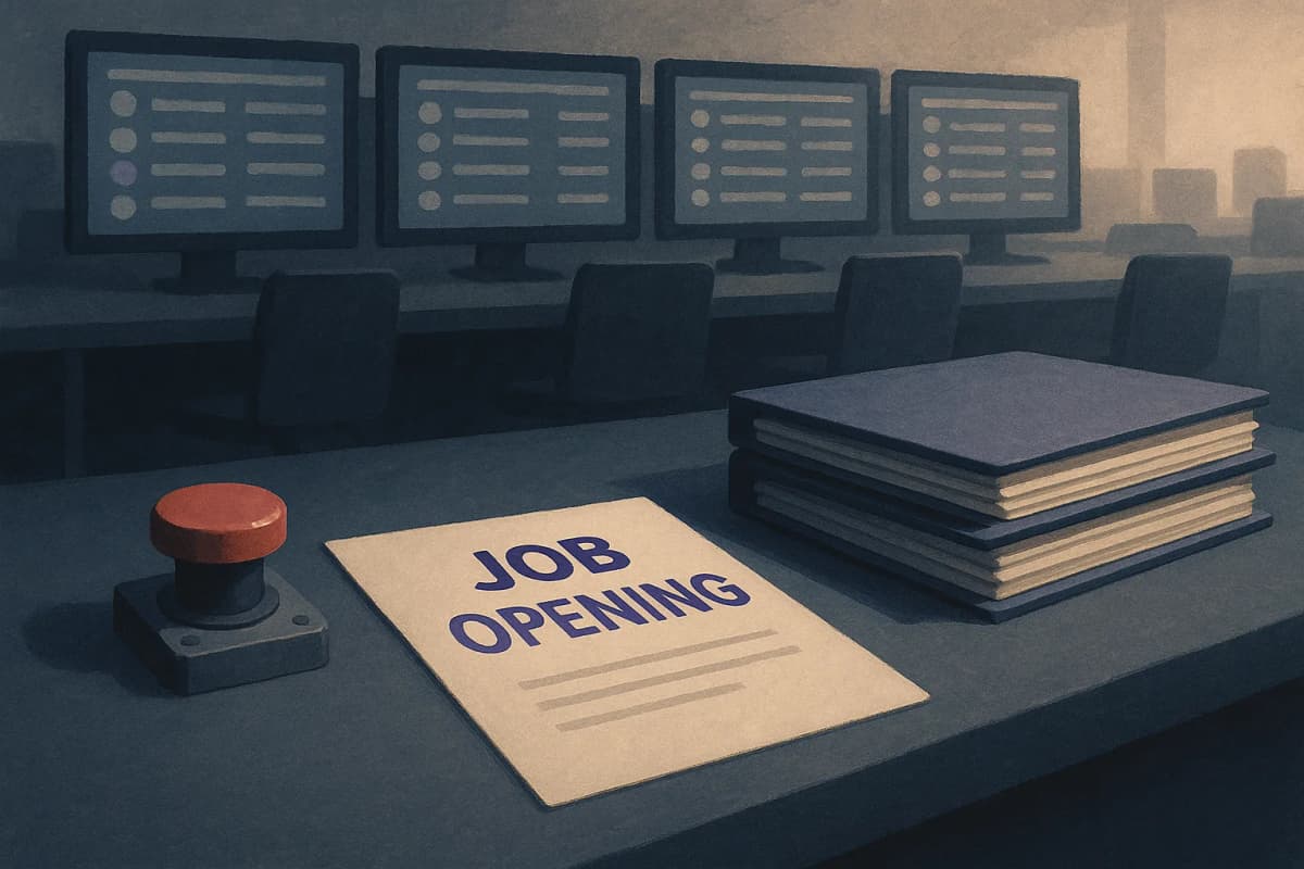 A bank operations floor at dusk with a single desk where a printed job posting lies next to a red emergency stop button and a stack of loan files, monitors behind it showing rows of running process queues.