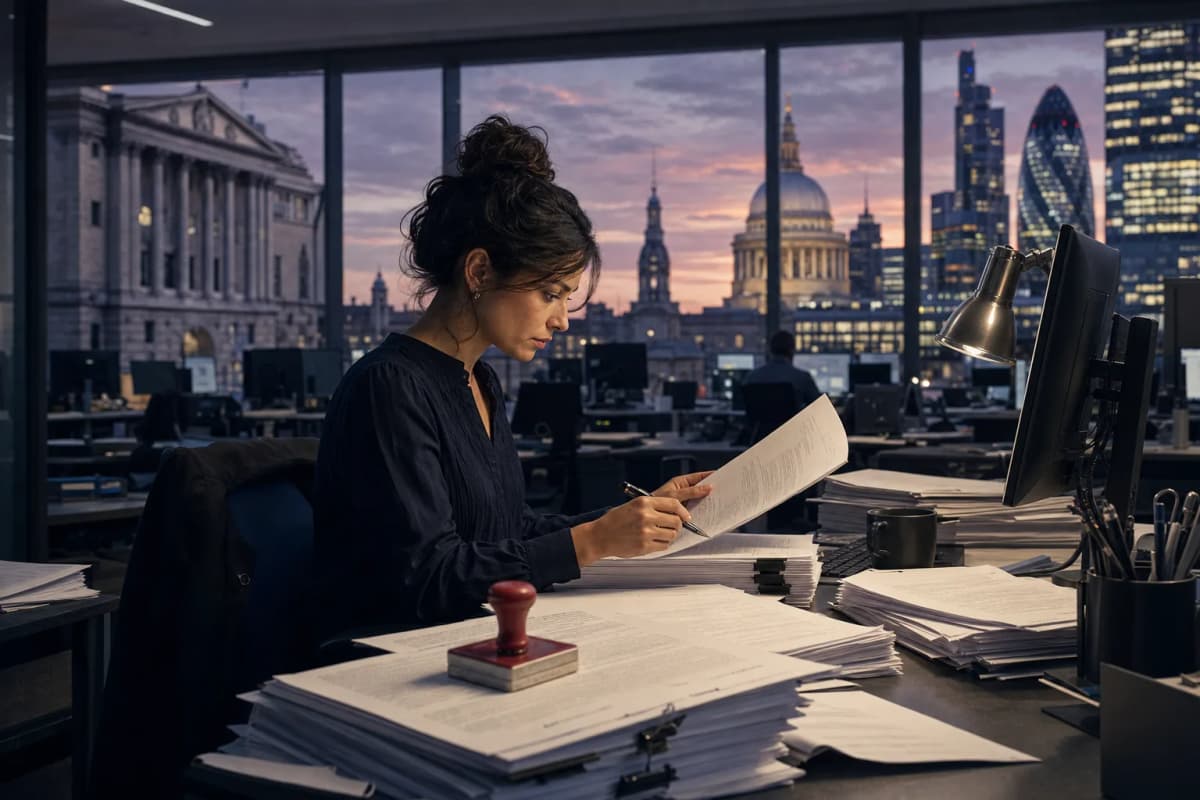 A UK bank operations floor at dusk with a single analyst at a desk reviewing a stack of printed vendor contracts beside a monitor, a heavy red approval stamp resting on the papers.