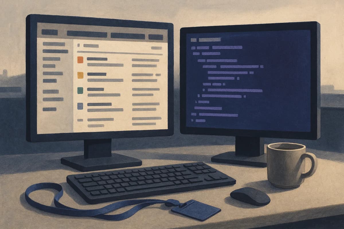 A bank trading-floor desk at dusk with two monitors side by side: one showing an email inbox sorted into coloured folders, the other a terminal window full of code, a lanyard and coffee cup beside the keyboard.