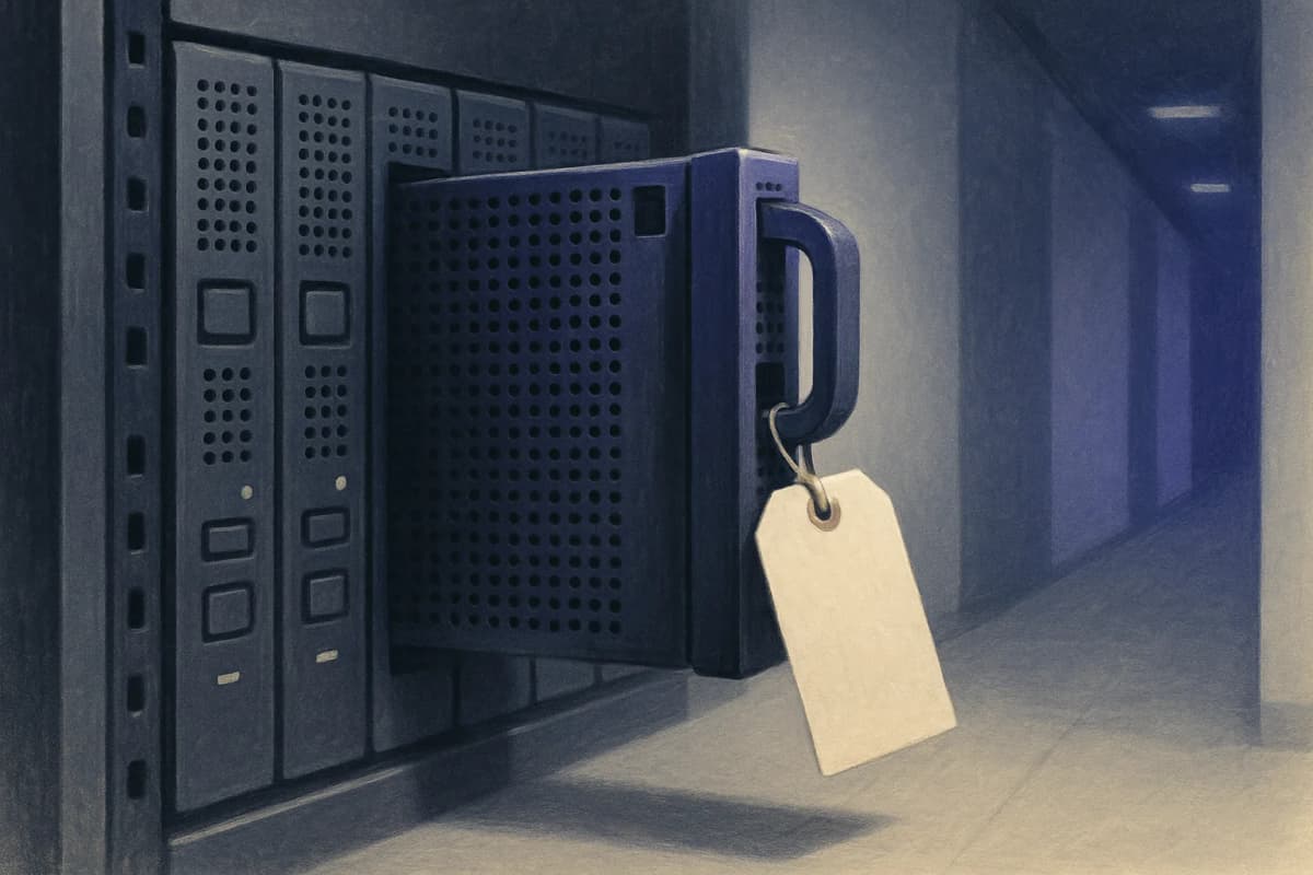 A row of server blades in a data-centre rack with one blade half pulled out and a paper shipping tag tied to its handle, the tag blank, under cool blue aisle lighting.
