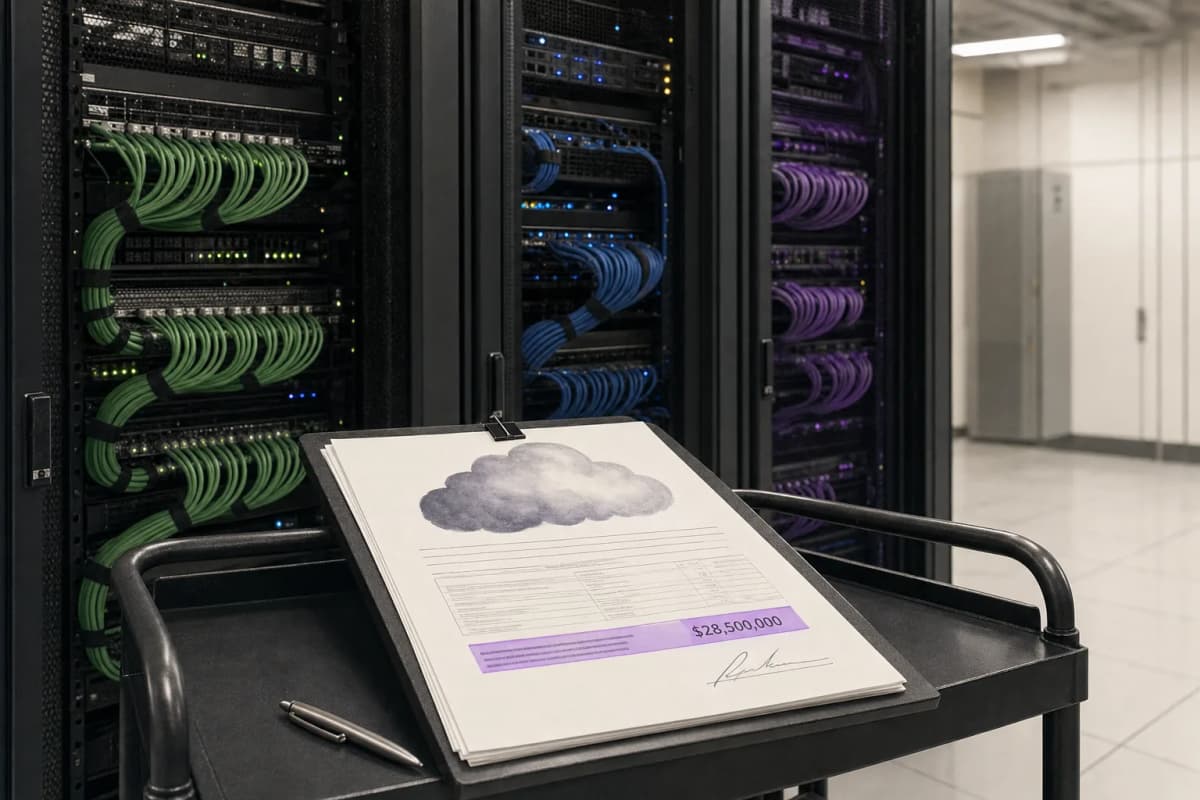 Three server racks side by side in a data-centre aisle, each with a different coloured cable bundle, and a printed cloud contract with a highlighted commitment total lying on a crash cart in front of them.