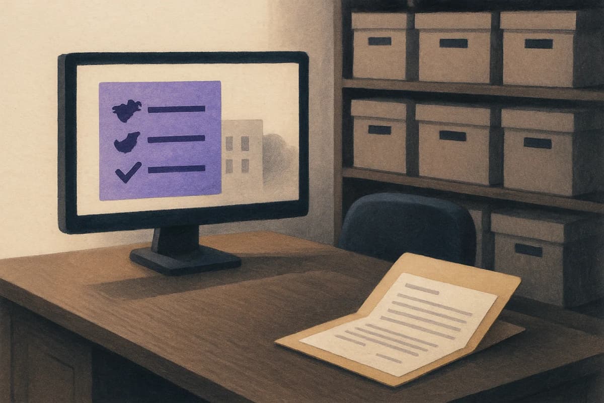 A private banker's desk with a monitor showing a country-by-country compliance checklist beside an open client folder, and a filing archive of labelled boxes stacked behind the chair.