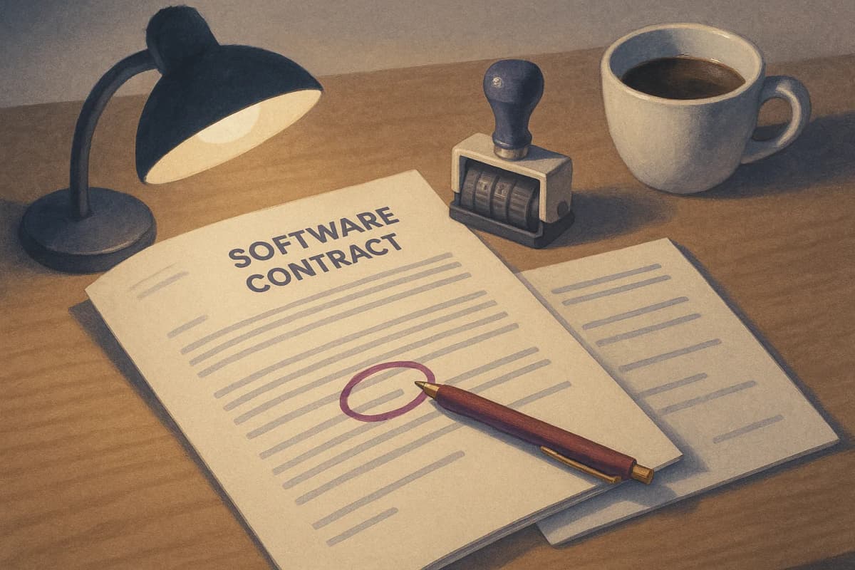 A printed multi-page software contract lying open on a wooden desk under a low desk lamp, a red pen resting across the page where one clause has been circled, a rubber date stamp and a half-empty coffee cup beside it. No