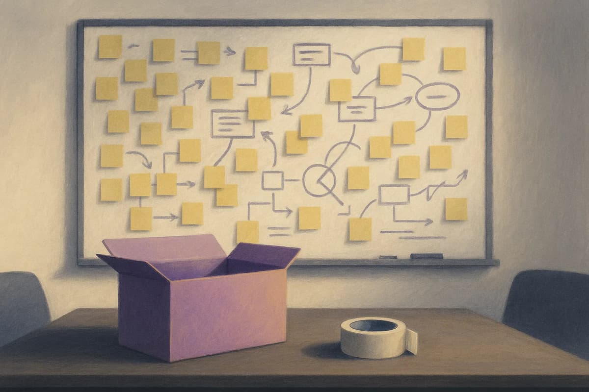 A large office whiteboard densely covered in sticky notes and marker diagrams, with an open cardboard file box and a roll of packing tape sitting on the table in front of it in an otherwise empty meeting room.