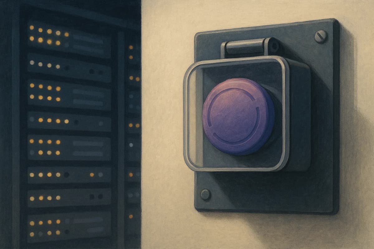 A large red industrial emergency-stop button mounted on a steel panel beside a wall of glowing server-rack status lights, the button's protective cover still closed and untouched, a thin layer of dust on it.