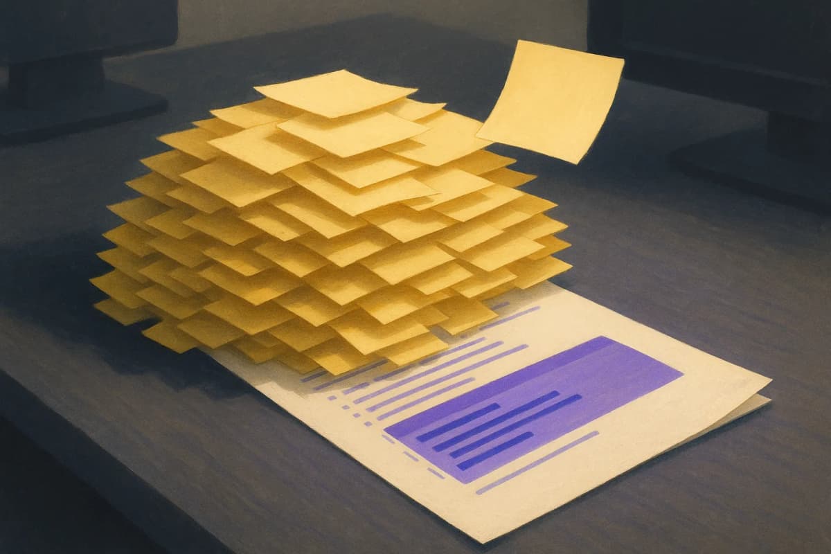 A single long printed pull request diff lying on an engineer's desk, almost completely buried under a thick pile of small yellow sticky notes, with one sticky note lifted clear above the pile.