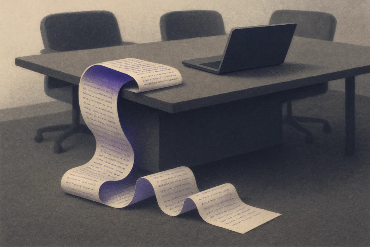 A long fan-fold printer invoice spilling off the end of a conference-room table and pooling on the carpet beside a closed laptop, in an empty meeting room.