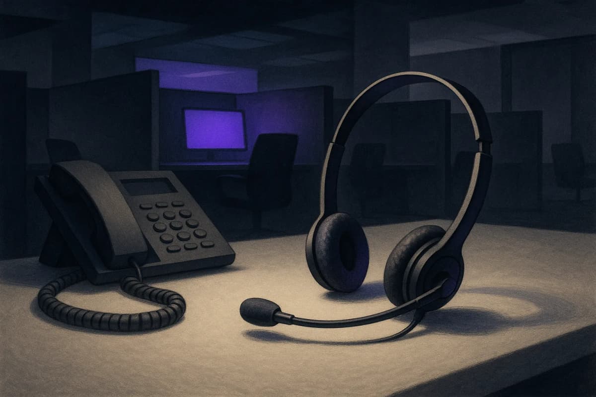 A contact-center headset resting on an empty desk beside a desk phone with its handset lying off the hook, a single lit cubicle behind it in an otherwise dark room. No text or logos in the scene.