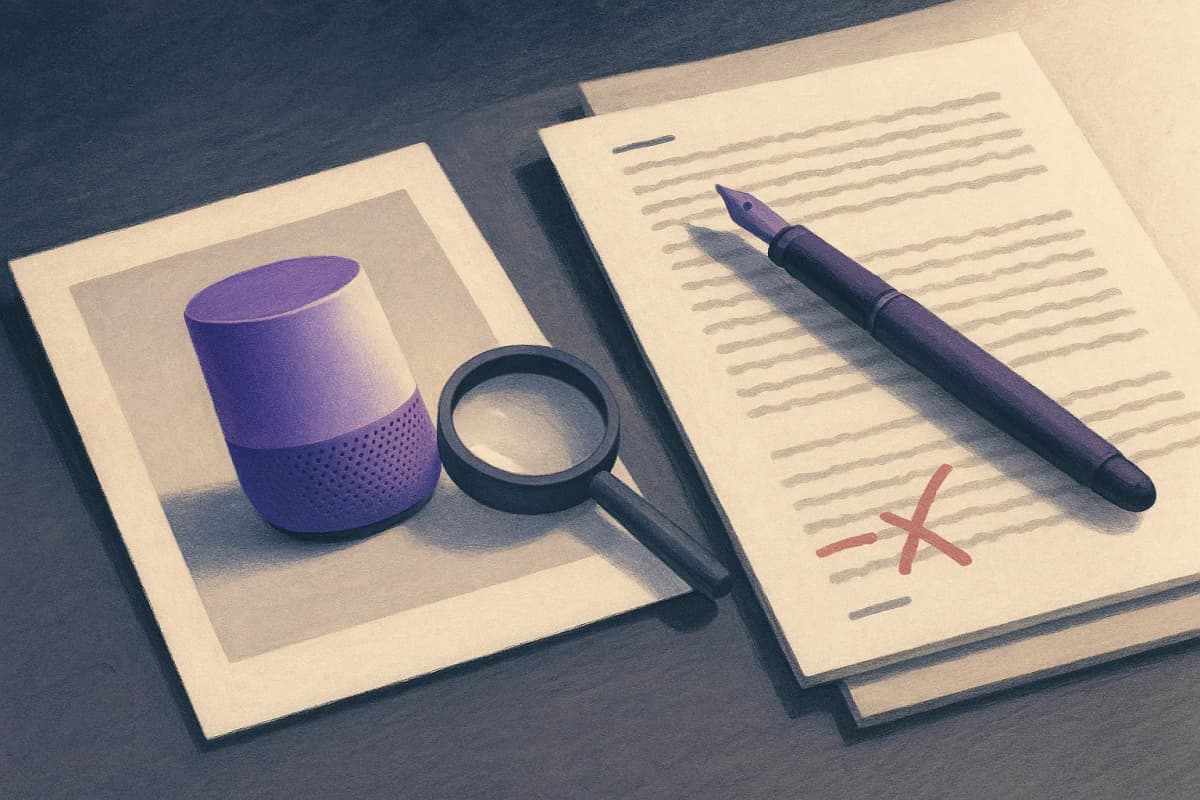 A creative director's desk with a printed campaign proof of a product photo laid next to a thick stapled vendor contract, a red pen resting on an indemnity clause and a loupe on the proof.