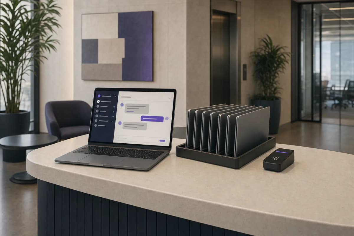 An IT help desk counter in an office lobby with a laptop on the counter showing a chat window, a tray of spare laptops and a key-card reader beside it, and no one behind the counter.