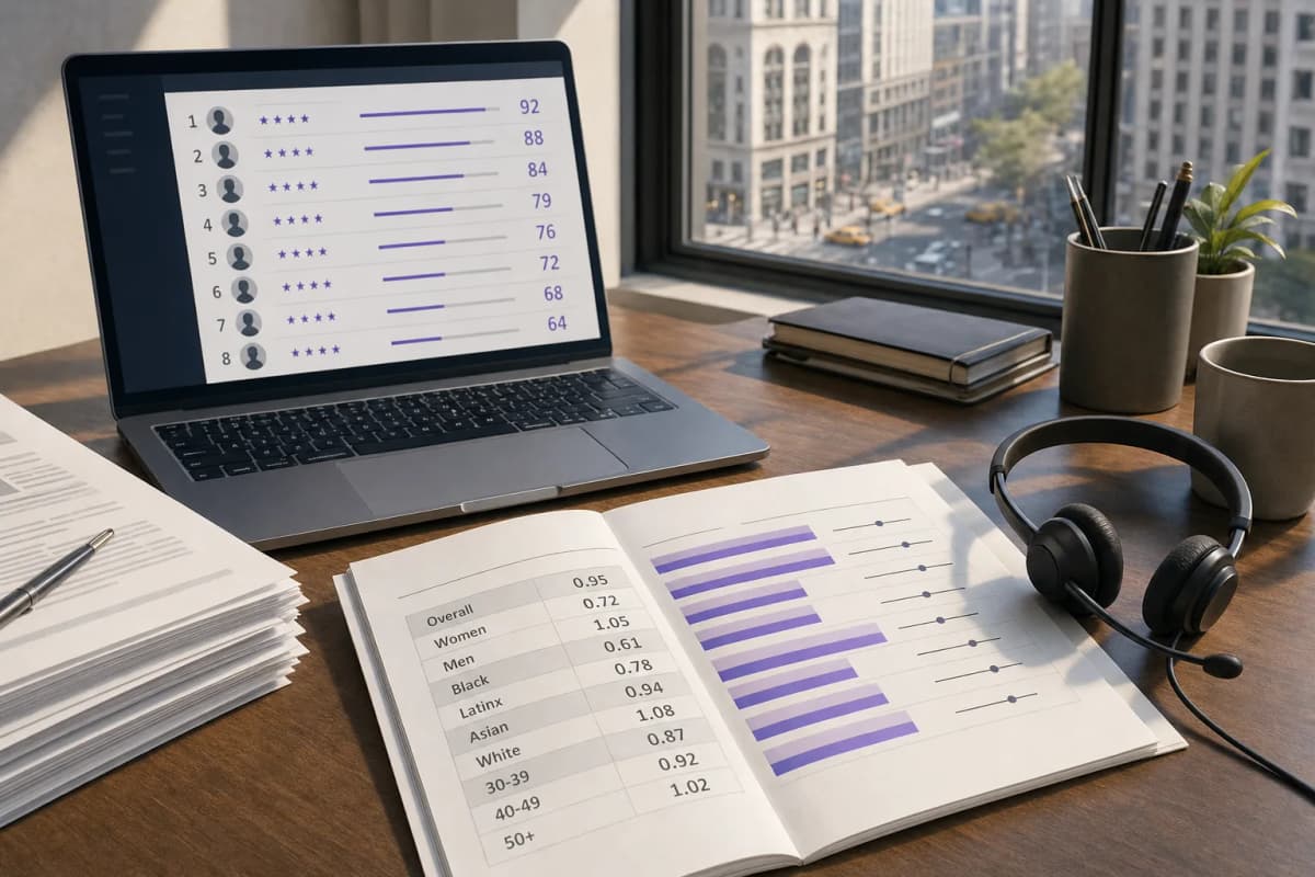 A recruiter's desk with a laptop showing a ranked list of candidate scores beside a printed bias audit report open to a table of impact ratios, a stack of paper resumes and a headset resting next to it, in an office with