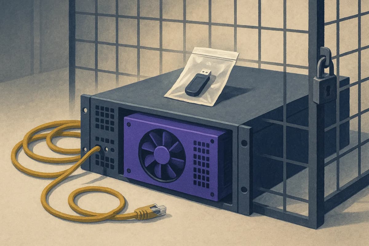 A single rack-mounted GPU server in a locked cage in a windowless data hall, network cables visibly unplugged and coiled beside it, a sealed USB drive in a tamper-evident bag resting on top of the chassis.
