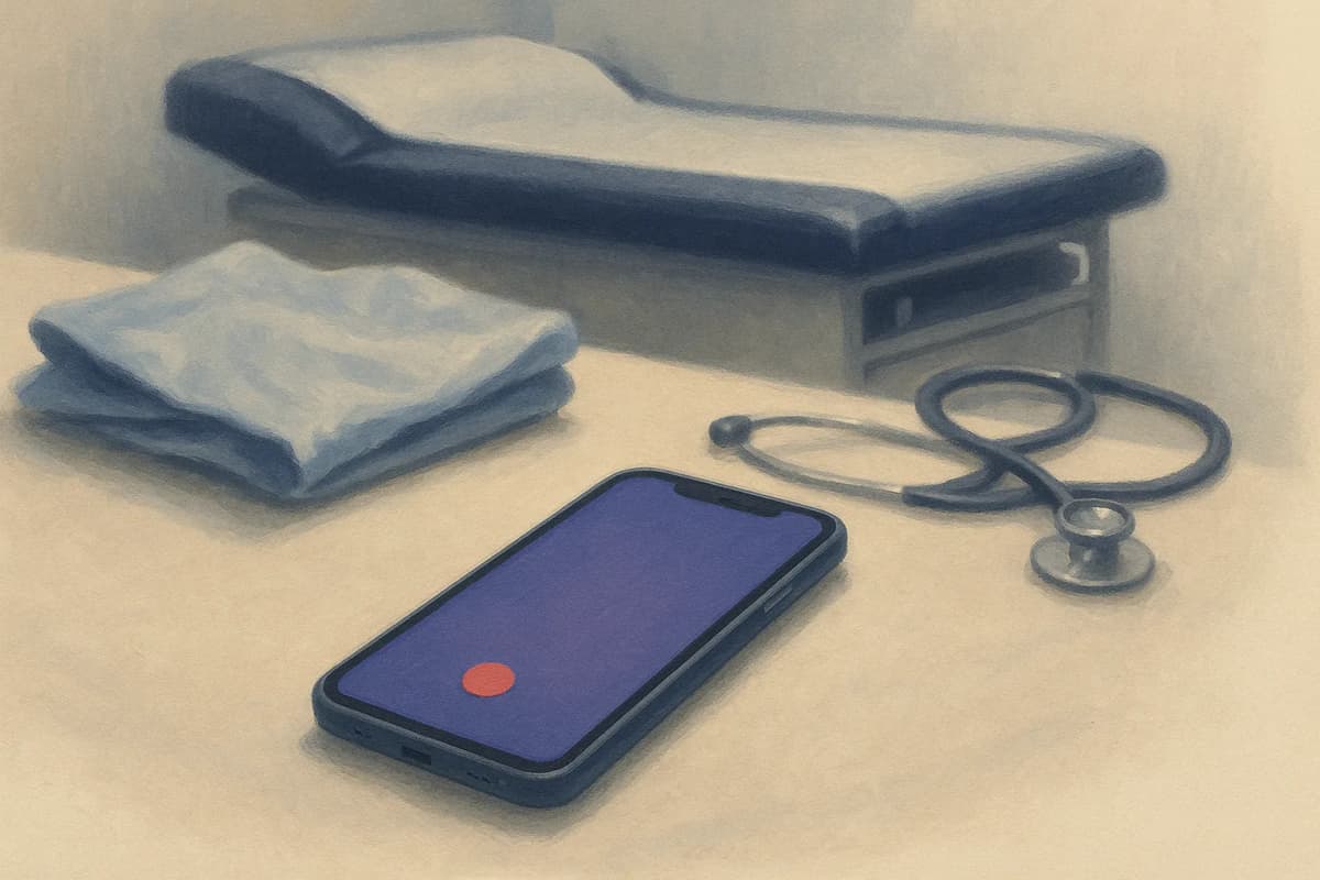 A smartphone lying face-up on a clinic exam-room counter beside a folded paper gown, its screen showing a red recording dot, with an empty exam table and a stethoscope in soft focus behind it.