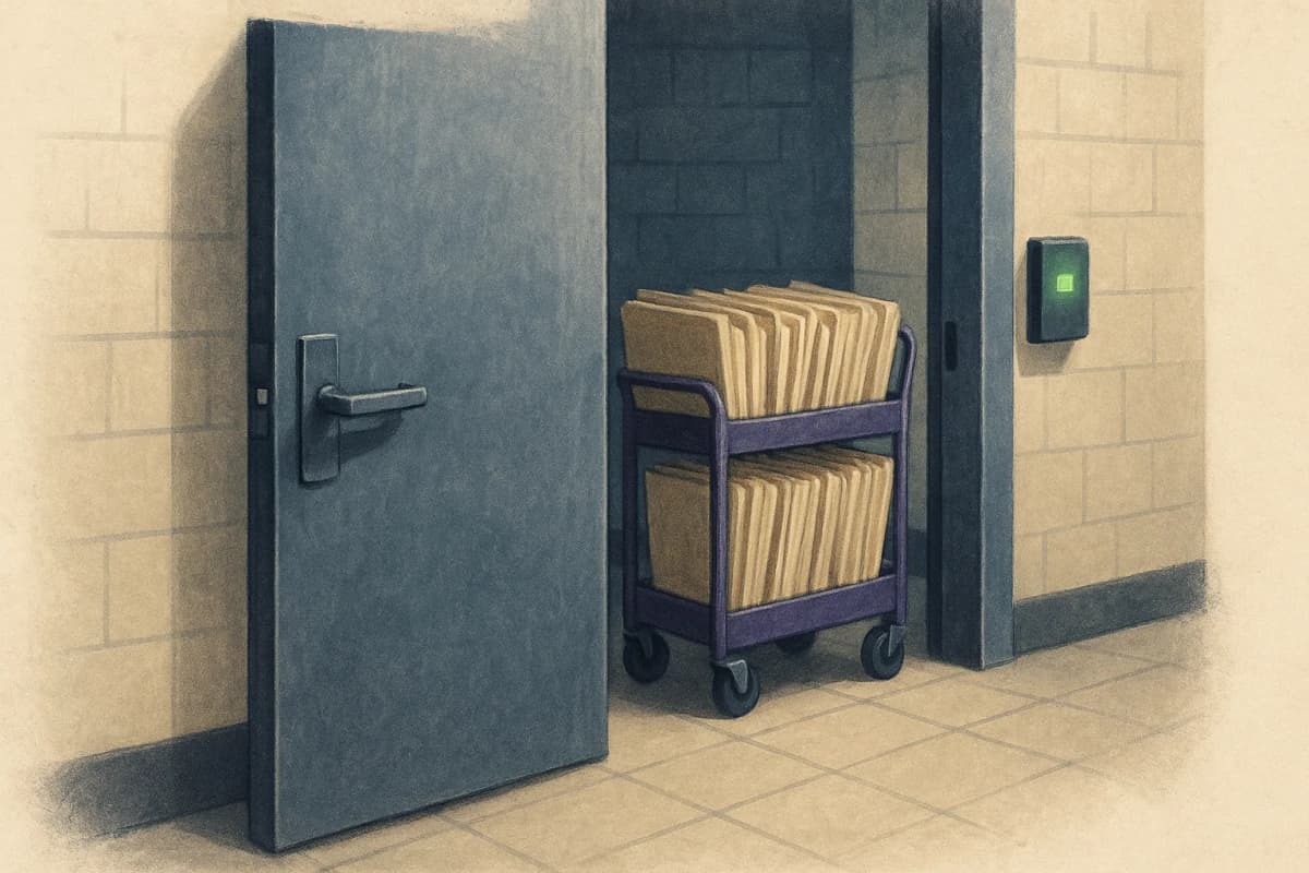 A steel records-room door in a hospital basement with a badge reader mounted beside it glowing green, a wheeled cart of thick patient folders parked just inside the half-open doorway.
