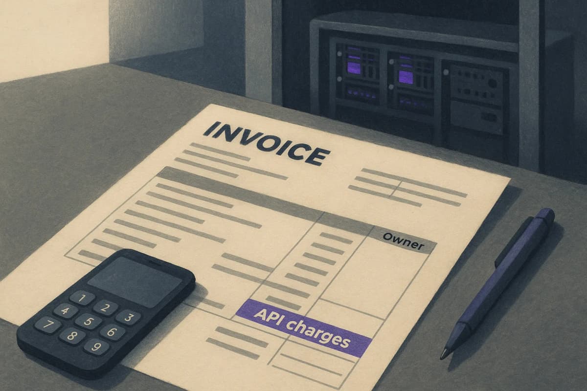 A finance analyst's desk with a printed cloud invoice spread out, several lines highlighted and one long line of API charges with an empty handwritten 'owner' column beside it, a server rack's blinking GPU cards visible
