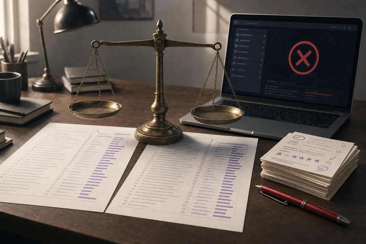 An engineer's desk with two printed answer sheets laid side by side under a brass balance scale, a red pen and a stack of hand-marked grading cards next to a laptop showing a blocked build.