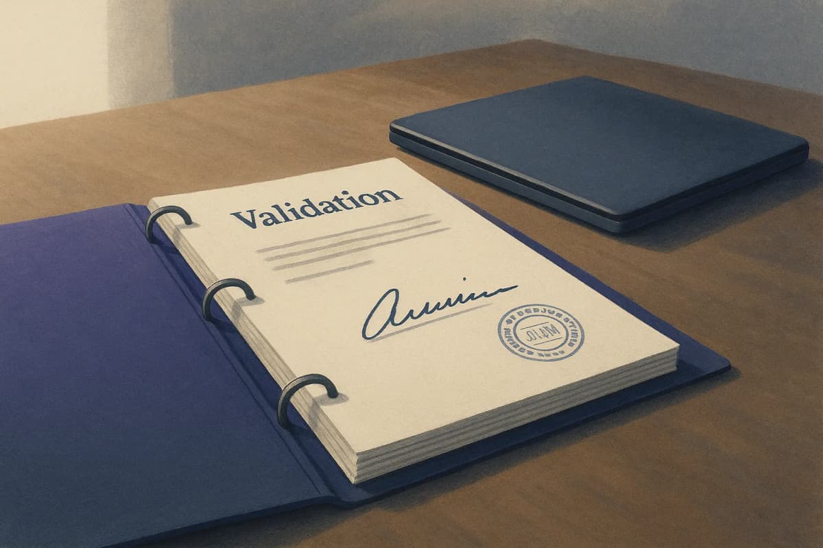 A thick printed model validation binder open on a bank conference table, its signature page showing a handwritten signature and a dated stamp, a laptop beside it closed.