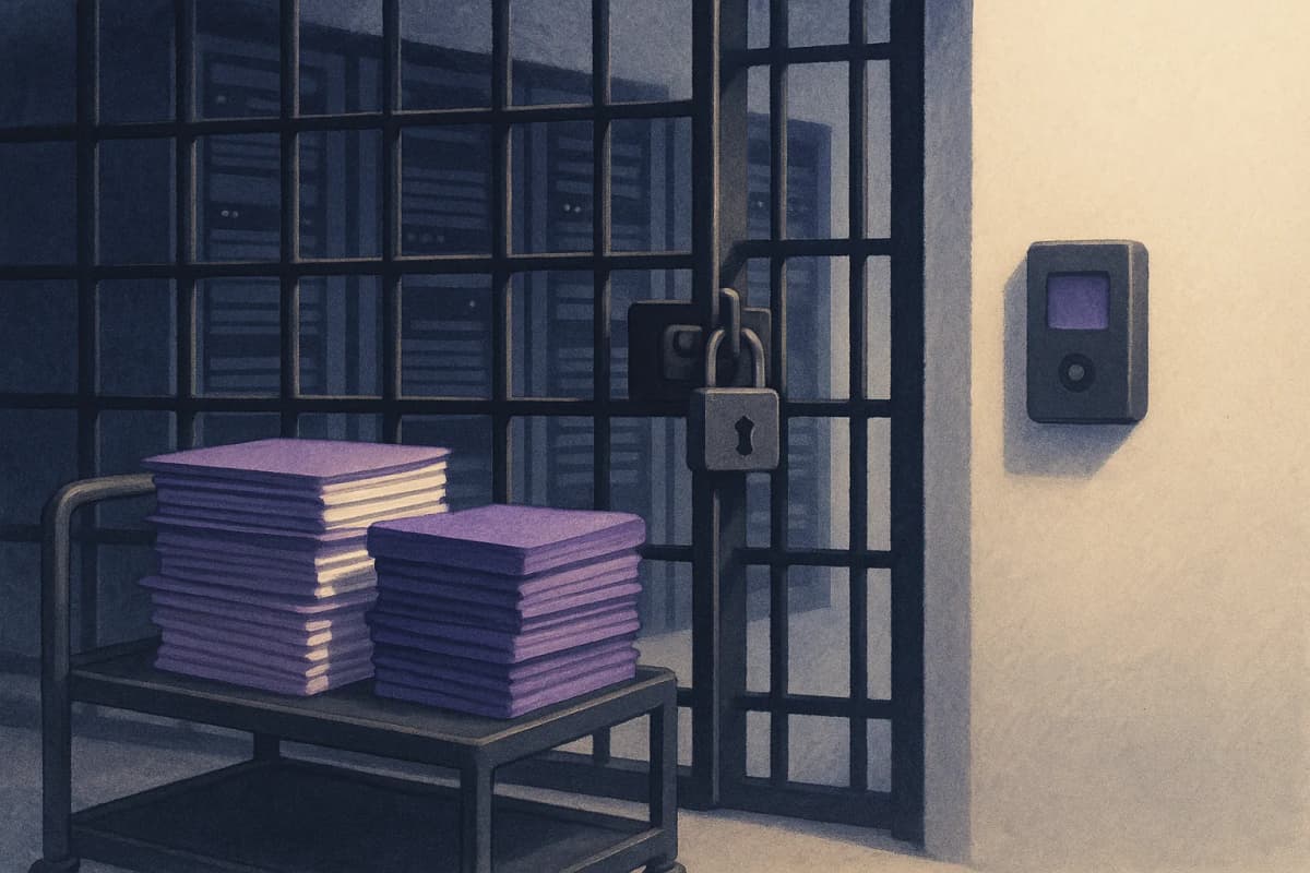 A locked steel cage door inside a server room, with a wheeled trolley of stacked paper files parked outside it and a badge reader glowing on the wall.