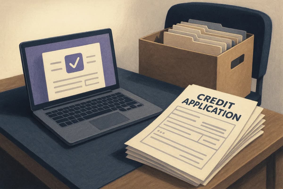 A credit manager's desk in the back office of a lumber yard, a stack of paper customer credit applications and bank reference forms beside an open laptop, with a half-filled cardboard archive box of printed files on the