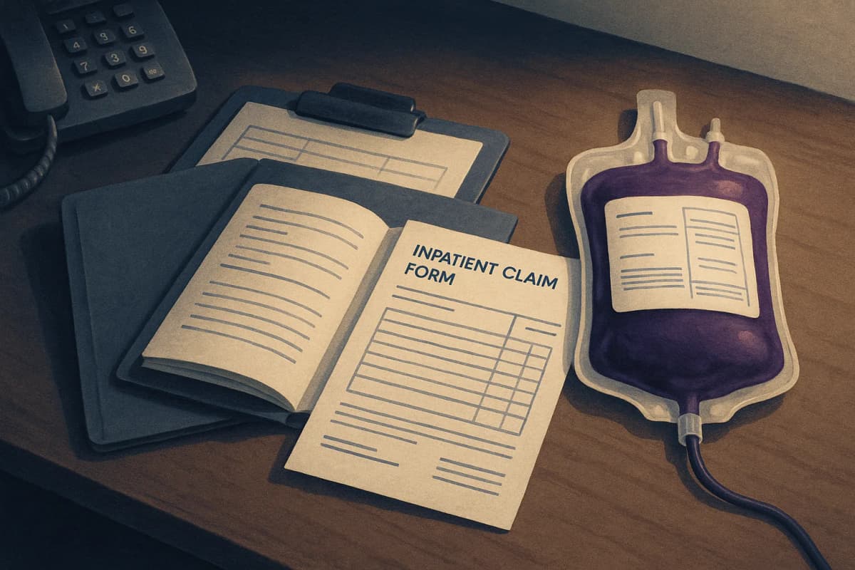 A hospital billing office desk at night with an open patient chart, a printed inpatient claim form, and a unit of blood in a transfusion bag sitting unused beside them.