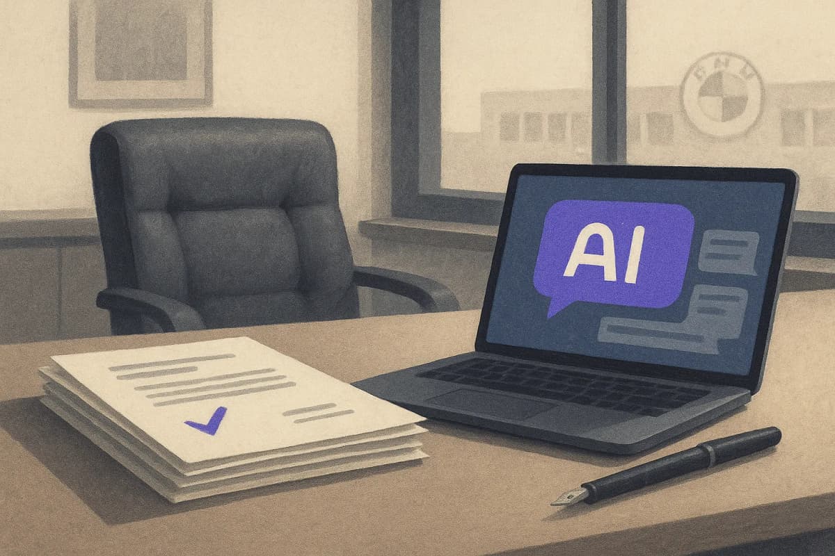 An empty executive office in a Munich car-company headquarters, a leather chair pushed back from a desk where a stack of unsigned approval documents waits beside a fountain pen and a laptop showing a chat window.