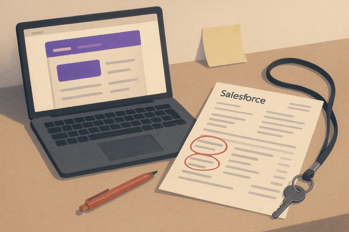 A laptop on an office desk showing a half-built web app next to a printed Salesforce account record with several fields circled in red pen, a sticky note and a key on a lanyard lying beside it.