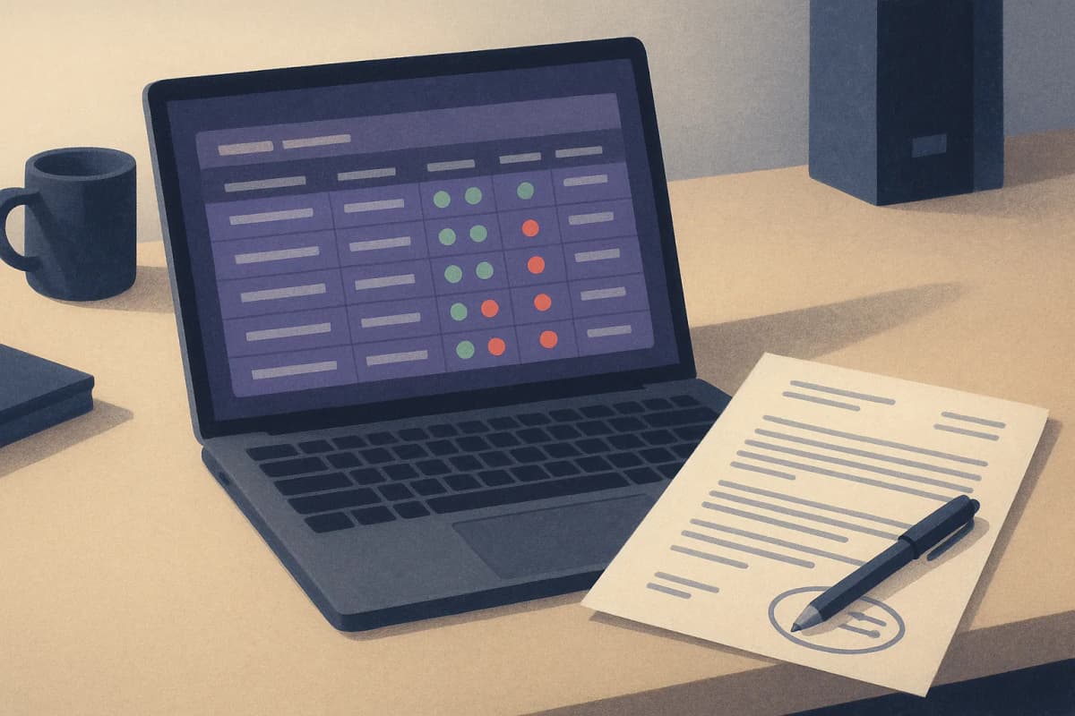 A data engineer's desk with a laptop showing a pipeline monitoring dashboard of green and red table health dots, beside a printed software contract with a renewal date circled in pen.