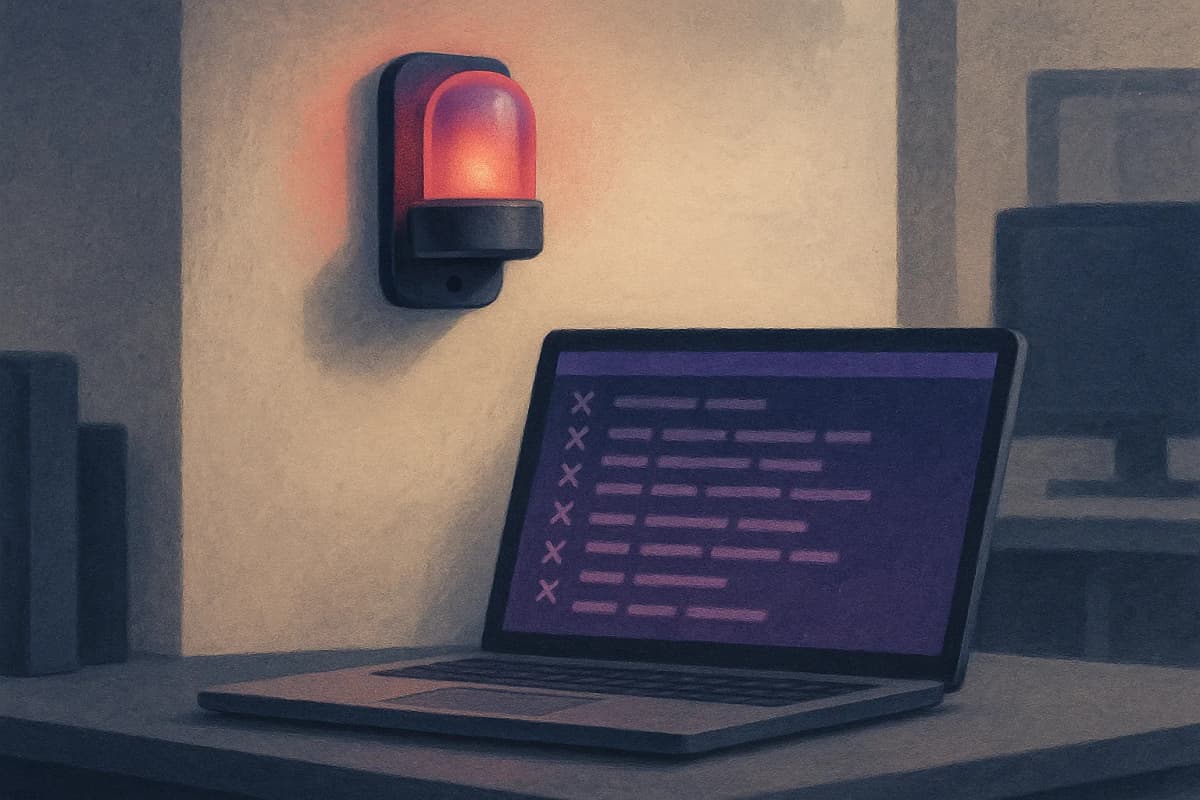 A red-lit build-status lamp mounted on an office wall above a developer's desk, with an open laptop below showing a terminal full of failed test rows.