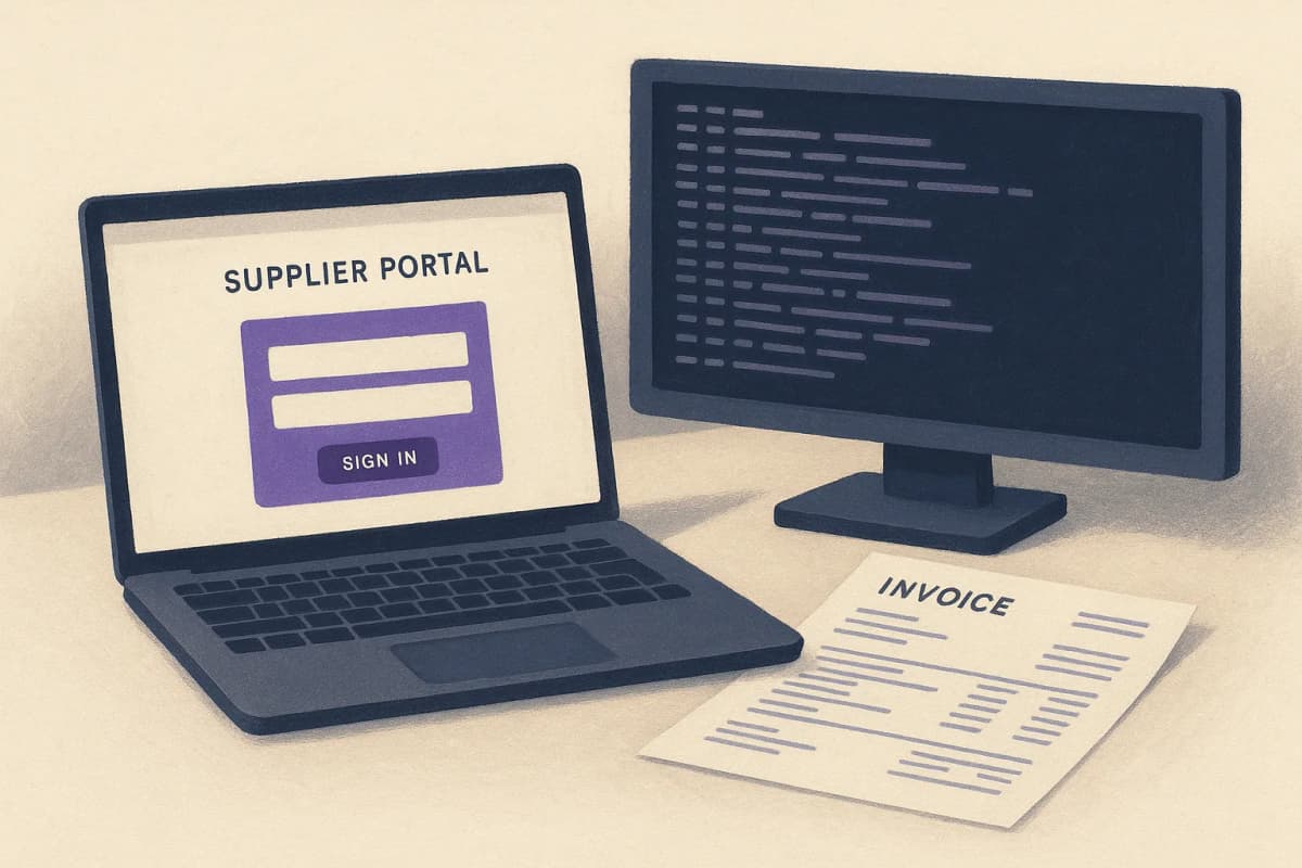 A laptop on an accounts-payable desk showing a supplier portal login page, with a second monitor beside it filled with rows of terminal output from a script, a printed invoice lying between them.