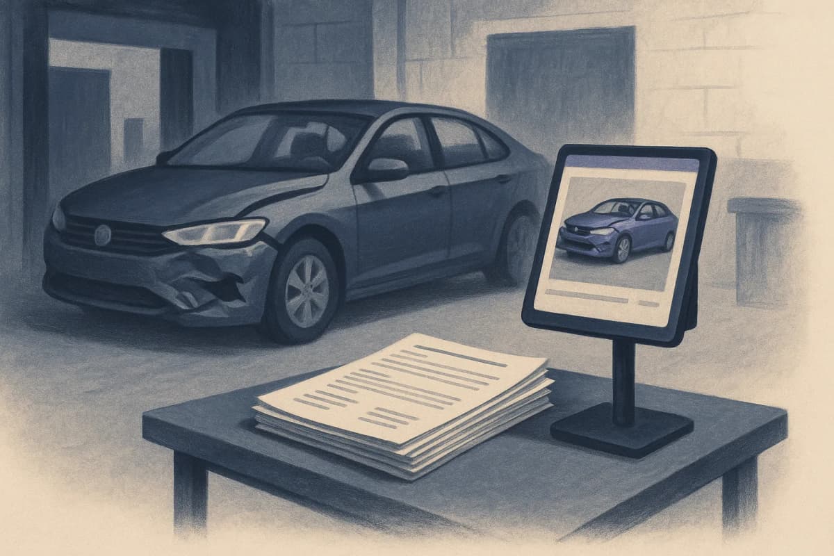 A collision repair shop bay with a dented sedan, a tablet on a rolling cart showing a photo-based damage estimate, and a stack of printed insurance contracts on the workbench beside it.