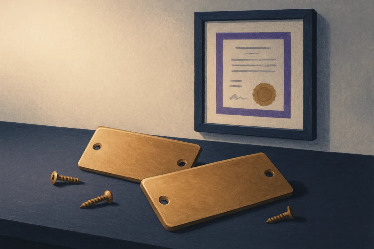 Two brass company nameplates unscrewed from an office door and lying face-down on a desk, beside a single framed paper certificate still hanging on the wall behind them.