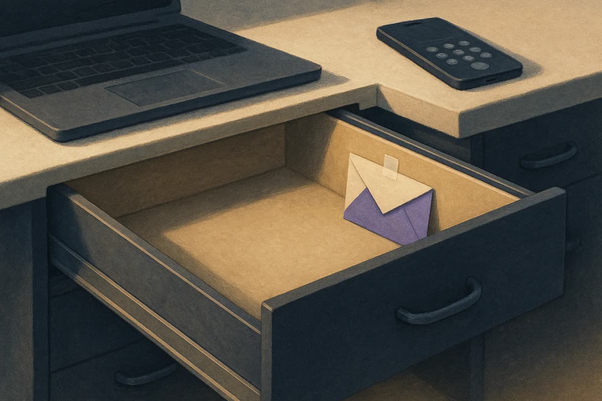 An open desk drawer at a developer's workstation, emptied of all its hanging folders, with one small unmarked envelope still taped to the underside of the drawer.